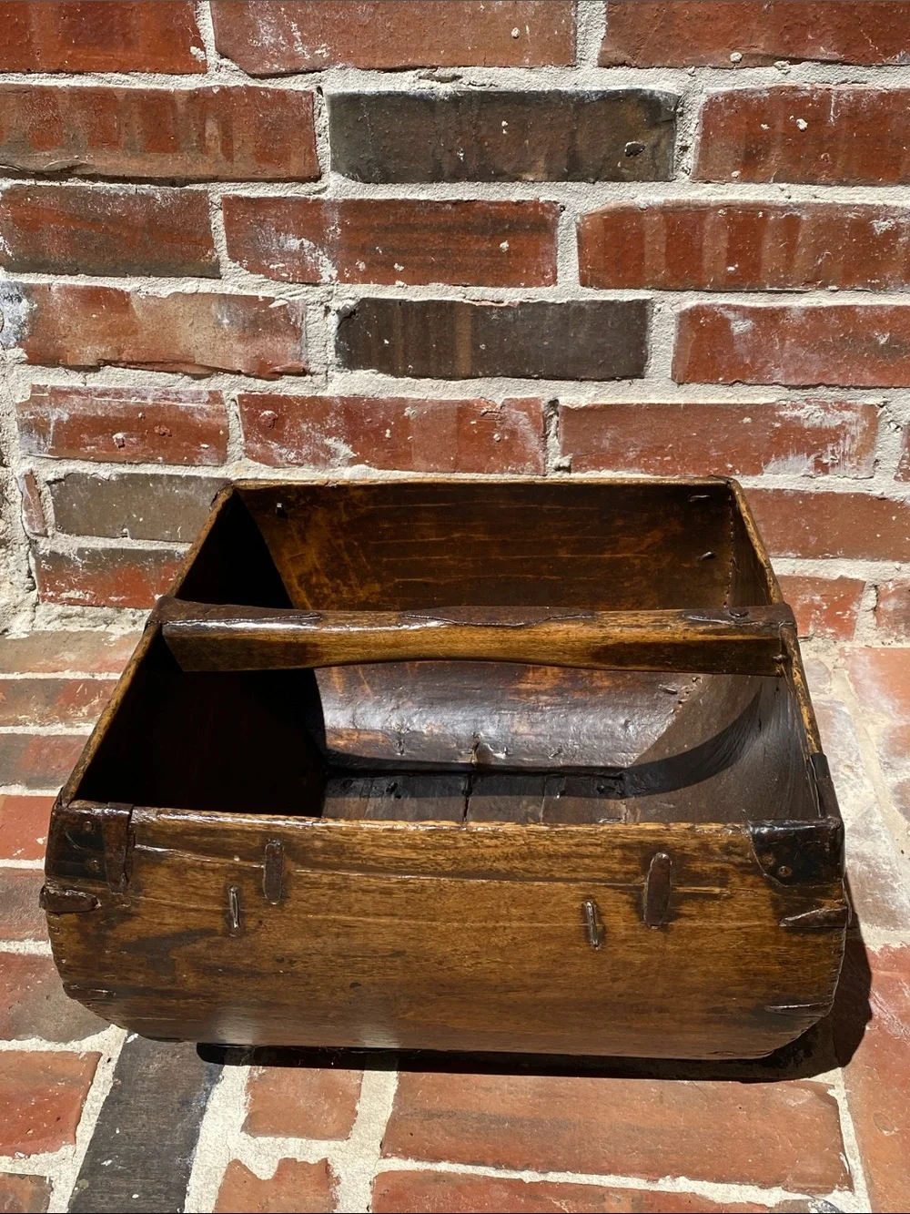 Antique Chinese Wooden Rice Measure Basket w/Handle and rustic metal accents